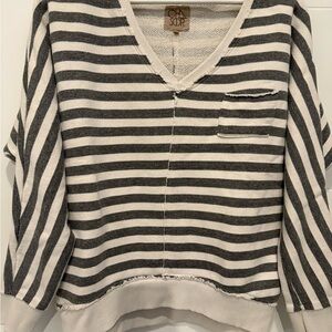 Chaser Grey and White Striped V-Neck Sweater